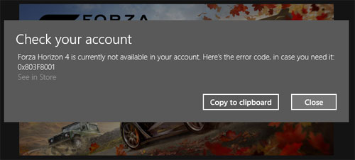 Forza Horizon 4 error code 0x803F8001